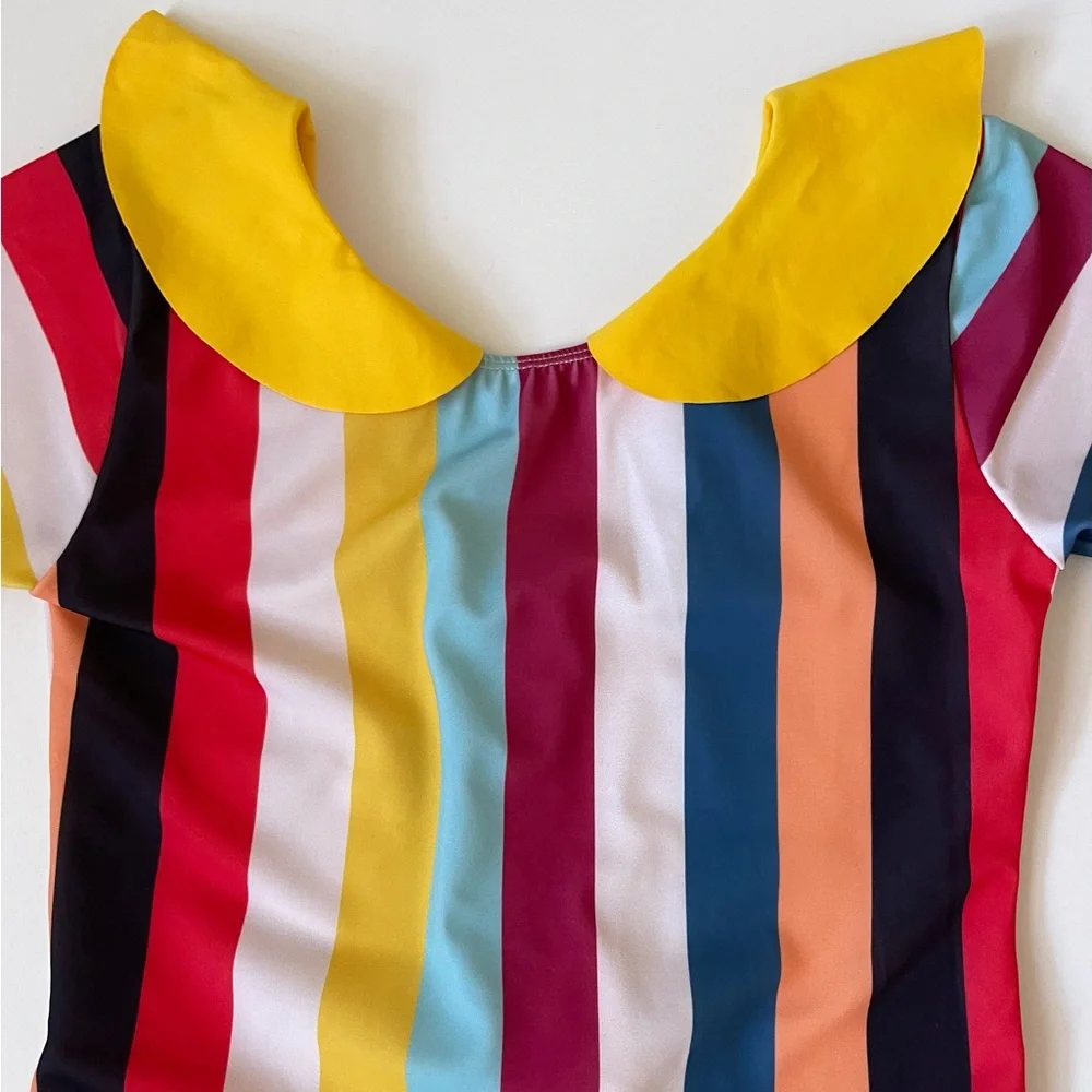 Girls' Multicolor Striped One-Piece Swimsuit with Yellow Peter Pan Collar